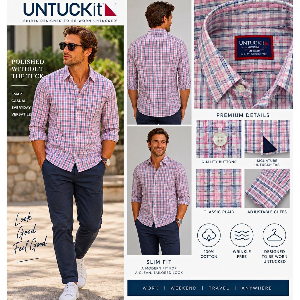 UNTUCKit Mens Shirt M Slim Fit Pink Blue Plaid Wrinkle Free Cotton Button Down